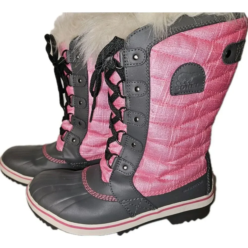 Sorel Tofino II Snow Boots YOUTH Size 6 Pink Gray Waterproof Fleece Fur Trim